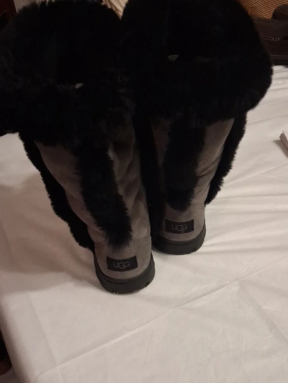 UGGS Gray Suede Tall Winter Boots with Black Fur Trim